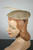 1950s hat flat beret with feather tan ecru mesh trimmed