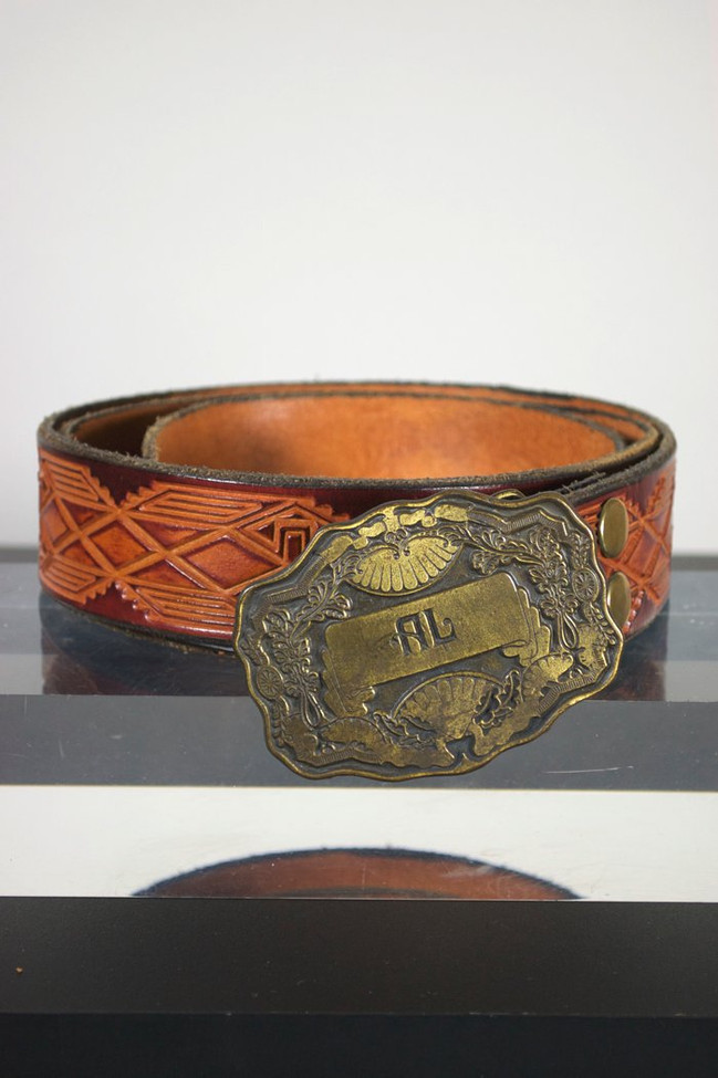 70s tooled leather belt XL brown Art Nouveau style brass buckle Al