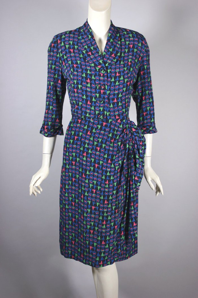 1940s novelty print dress jacket set cats XS petite 25-26 waist