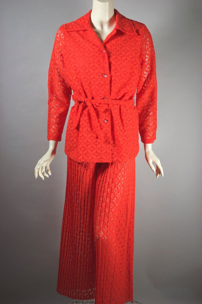 1970s pantsuit blouse wide-leg bellbottom pant M hot orange lace