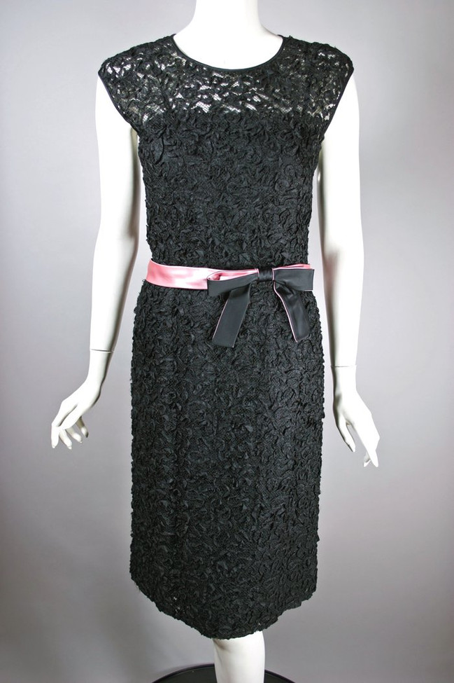 Cocktail dress 1960s black size S 27 inch waist sheer mesh ribbon 
