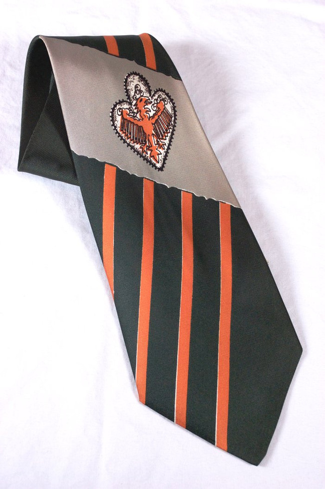 Wyvern dragon novelty print necktie 1940s wide swing tie Marshall Fields green orange