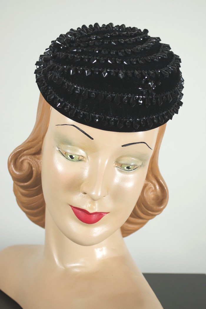 Goth spiky beaded trim 1960s black velvet mini pillbox hat