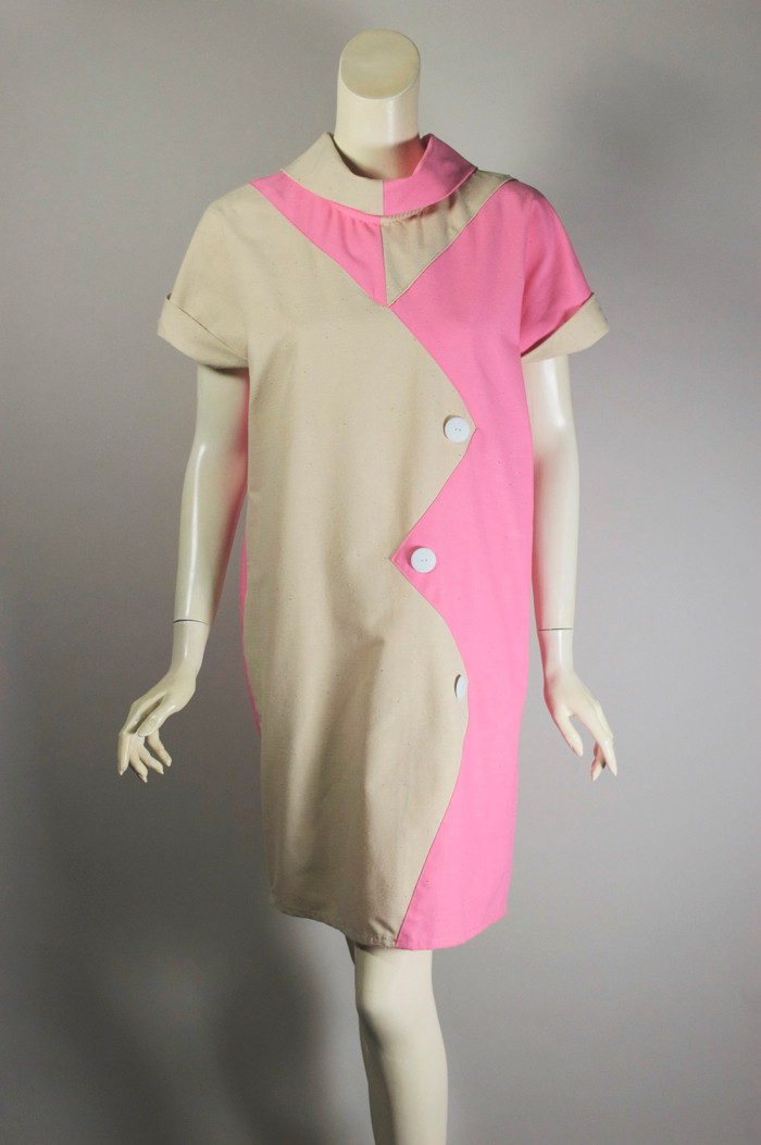 zigzag pink tan 80s New Wave shift dress mini XS-S harlequin colorblocked