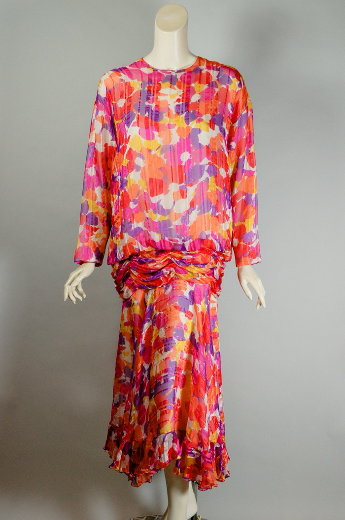 bright colorful floral print silk party dress tea length garden party 80s S-M drop waist
