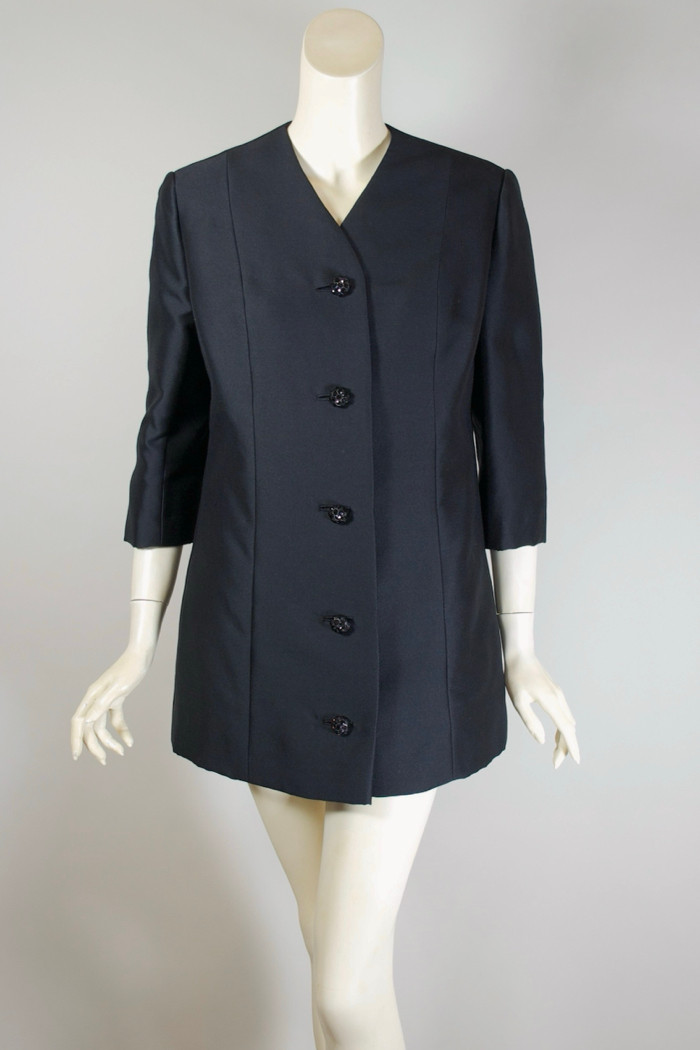 Mod 1960s jacket hip-length silk wool blend black alaskine XS-S lightweight evening coat rhinestone buttons