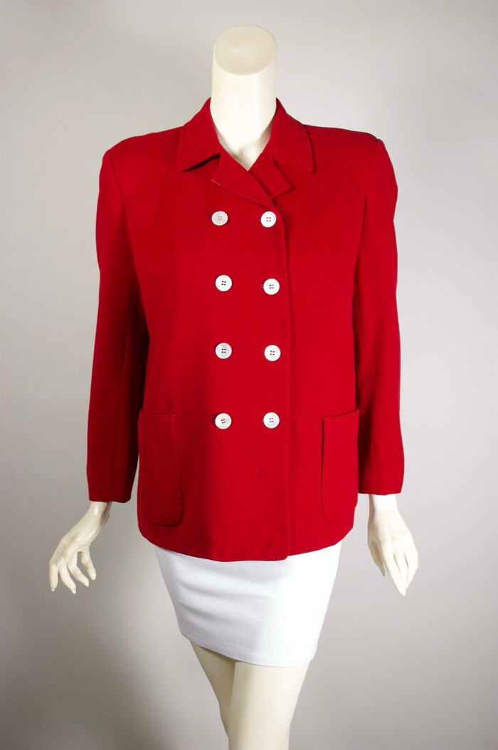 double-breasted collegiate preppy red wool jacket late 1940s boxy cropped womens S M 40 inch bust