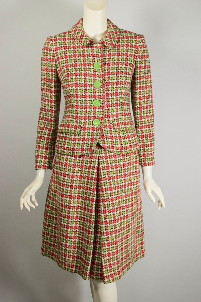 Davidow houndstooth tweed wool skirt suit 1960s red green size S 26 27 inch waist A-line skirt
