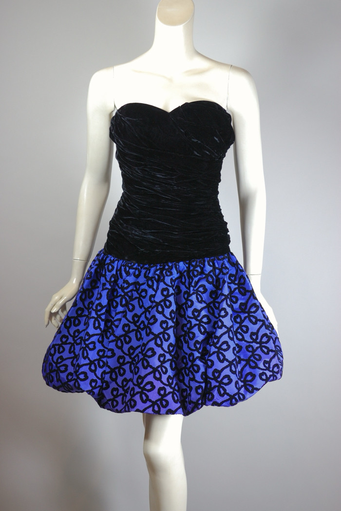 Blue purple taffeta black velvet late 80s early 90s party dress minidress with bubble skirt size S