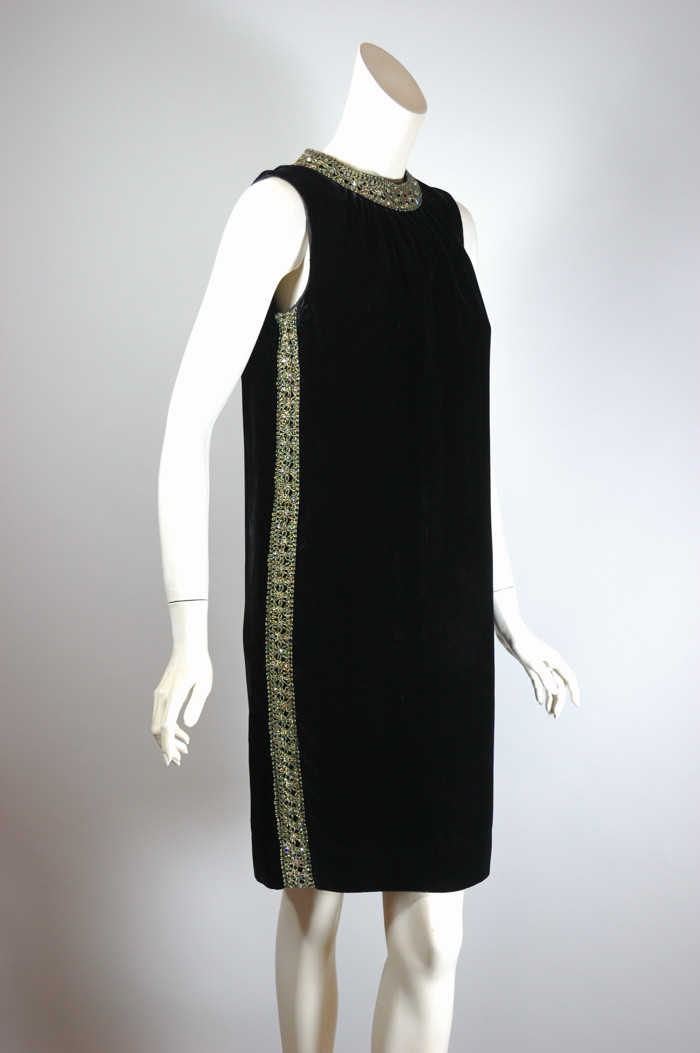Black velvet party dress 1960s sleeveless shift gold braid rhinestone trim XS S 36 bust 35 hips