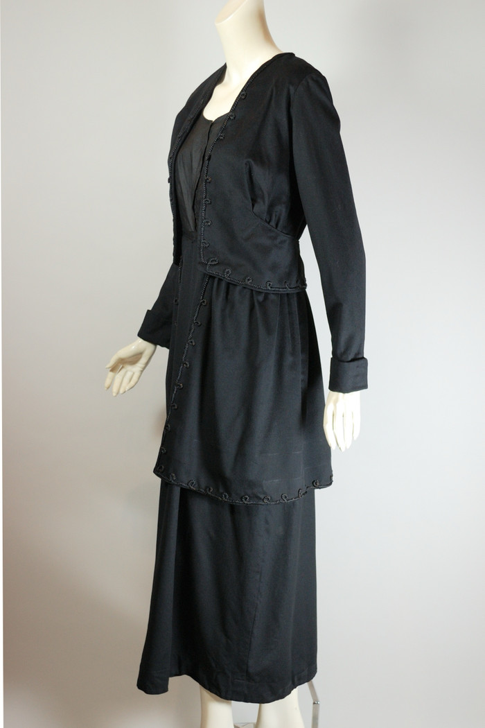 Antique late 1910s WWI-era black wool suit-style day dress with peplum XS to S 28 inch waist