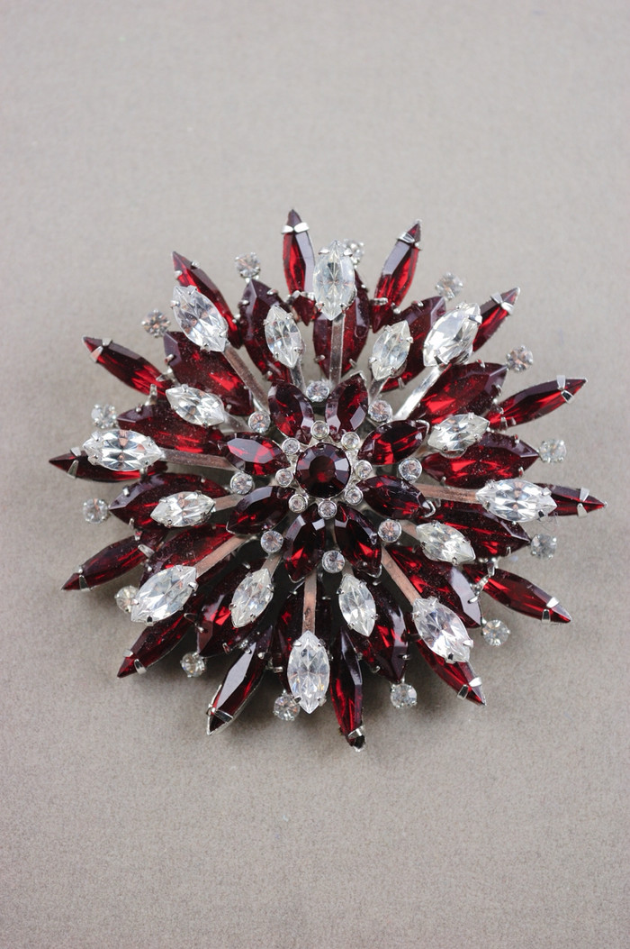 Graziano signed 1950s red rhinestones pin large vintage brooch atomic starburst flower