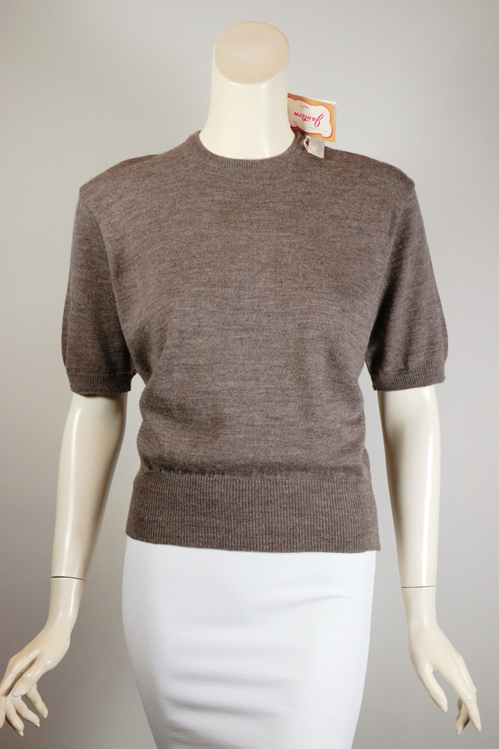 deadstock vintage 1950s Jantzen sweater brown taupe wool crewneck pullover size 38 M to L hourglass fit