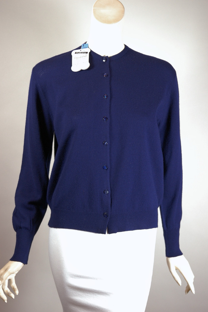 vintage navy blue wool cardigan sweater ladies M L 1950s 1960s unworn deadstock Garland