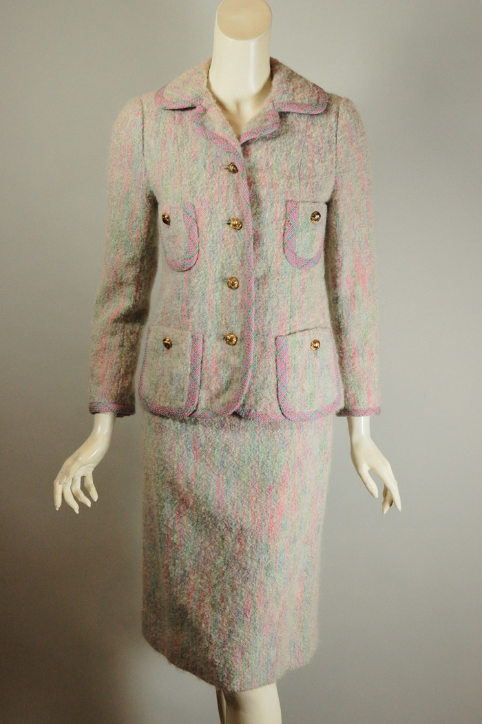 Easter Parade 1960s skirt suit pink blue green tweed wool Originala XS 34 inch bust 26 waist