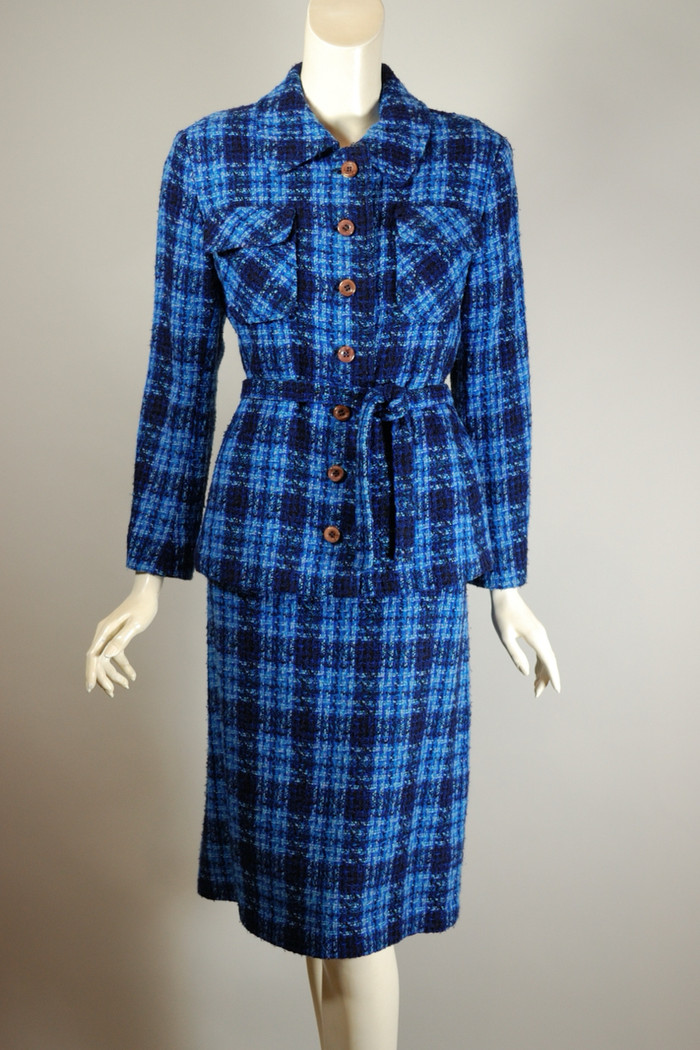 vintage skirt suit 1950s blue plaid ladies S M 37 bust hips 28 29 inch waist lightweight tweed