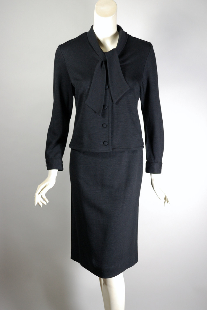 Late 1950s 60s black wool knit skirt suit deadstock sporty S-M