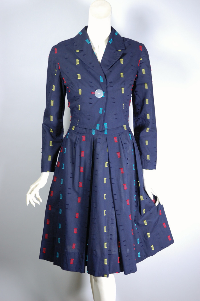 50s 60s sundress and cropped jacket set navy blue eyelash fabric XS S tall size XS-S 27 inch waist