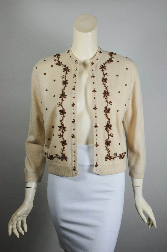 vintage beaded sweater cream tan cashmere cardigan copper glass beads M 40 inch chest