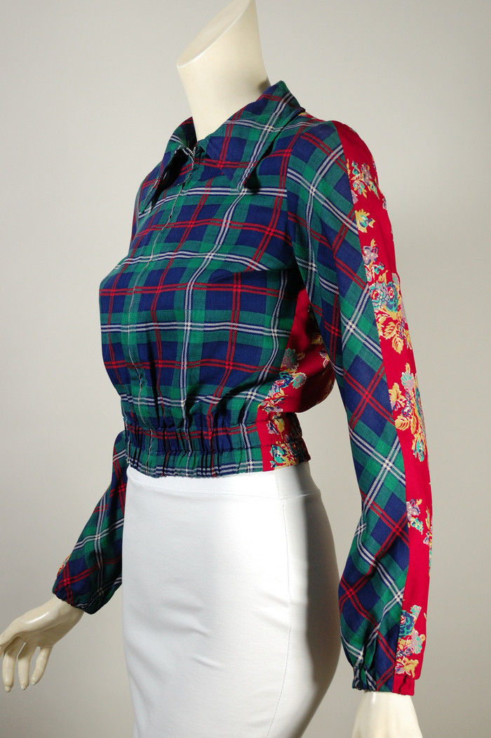 cropped 1970s zip-front jacket 1930s 1940s style dagger collar metal zipper XS red blue