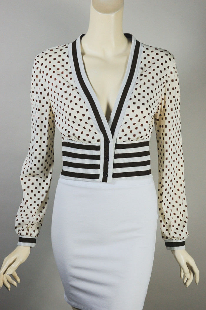 Brown off-white squares jersey knit 70s top cardigan bolero striped ribbed trim XS-S