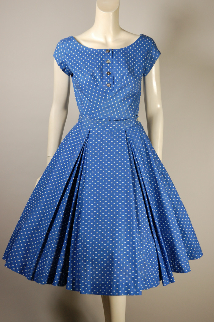 Toni Owen 1950s separates set full circle skirt blouse blue dot cotton rockabilly style true vintage XS 25 waist