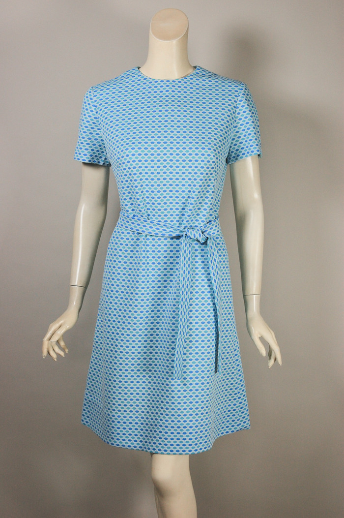 white blue aqua geometric textured dots 1960s 70s polyester shift mini dress size M