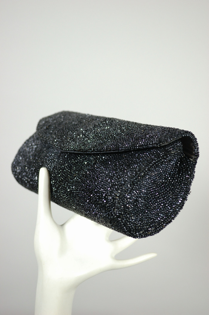 hand beaded 1950s evening bag envelope clutch purse black glass seed beads Josef Belgium