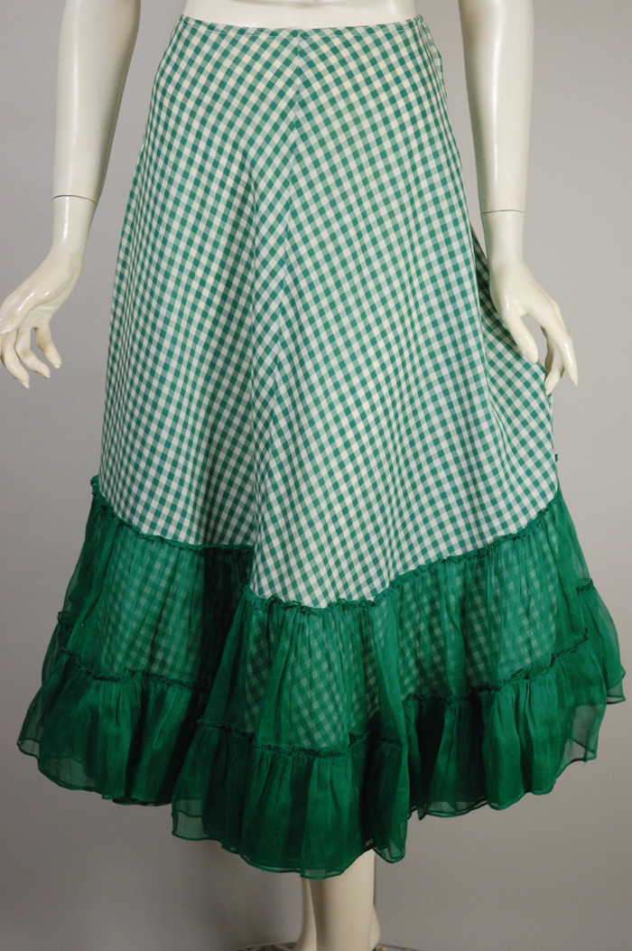 Green white gingham cotton full skirt 1930s 1940s tea-length XS 25-26 inch waist