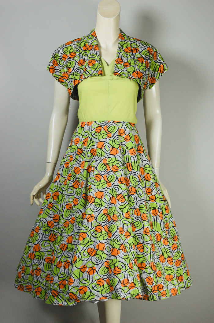 full-skirted 1950s cotton halter sundress spirals novelty print orange green size XS 25 26 waist