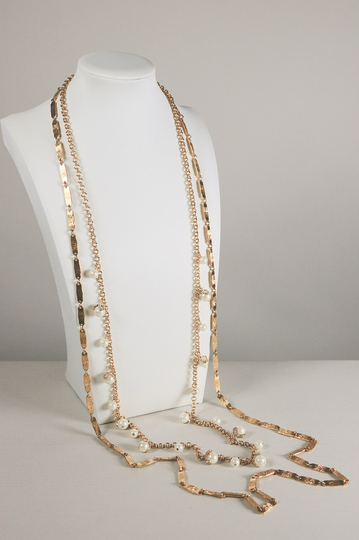 pair of 2 layered gold-tone long necklaces 1960s Monet and 2000s pearl dangles gold chain rhinestones