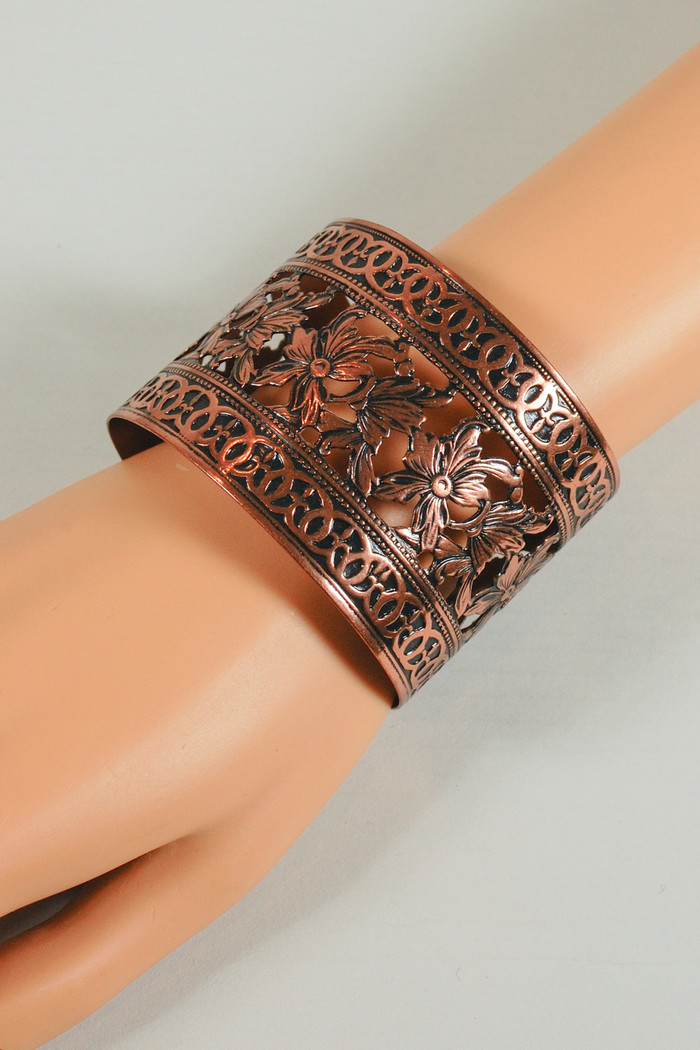 wide 2-inch solid copper cuff bracelet 1950s floral cutout design true vintage