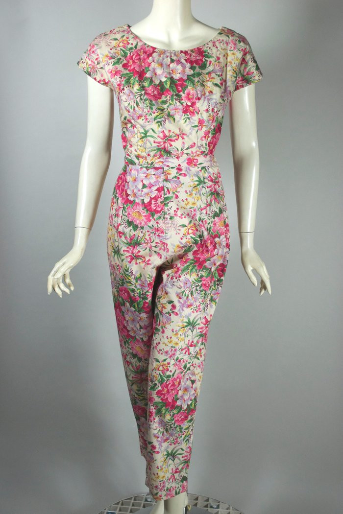 pink cream lilies bouquet floral print 1950s blouse capri pant set XS 24 waist