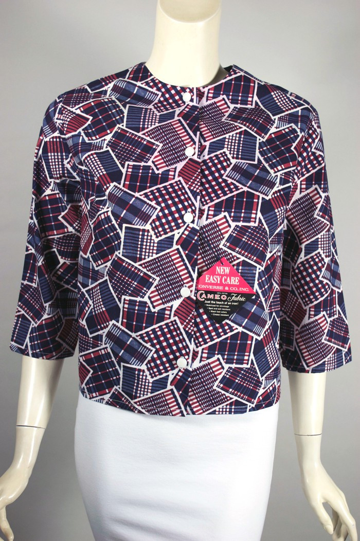 Deadstock 1960s top cropped blouse cotton blue red patchwork print S-M 38