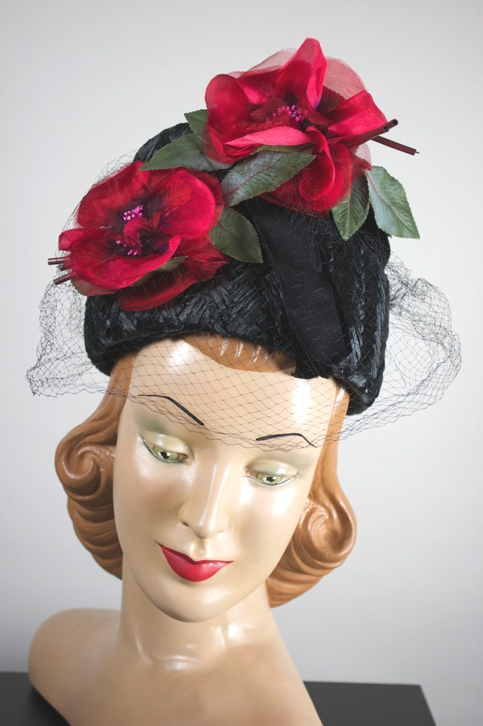 black raffia straw hat 1960s high crown pink floral trim with veil G. Howard Hodge