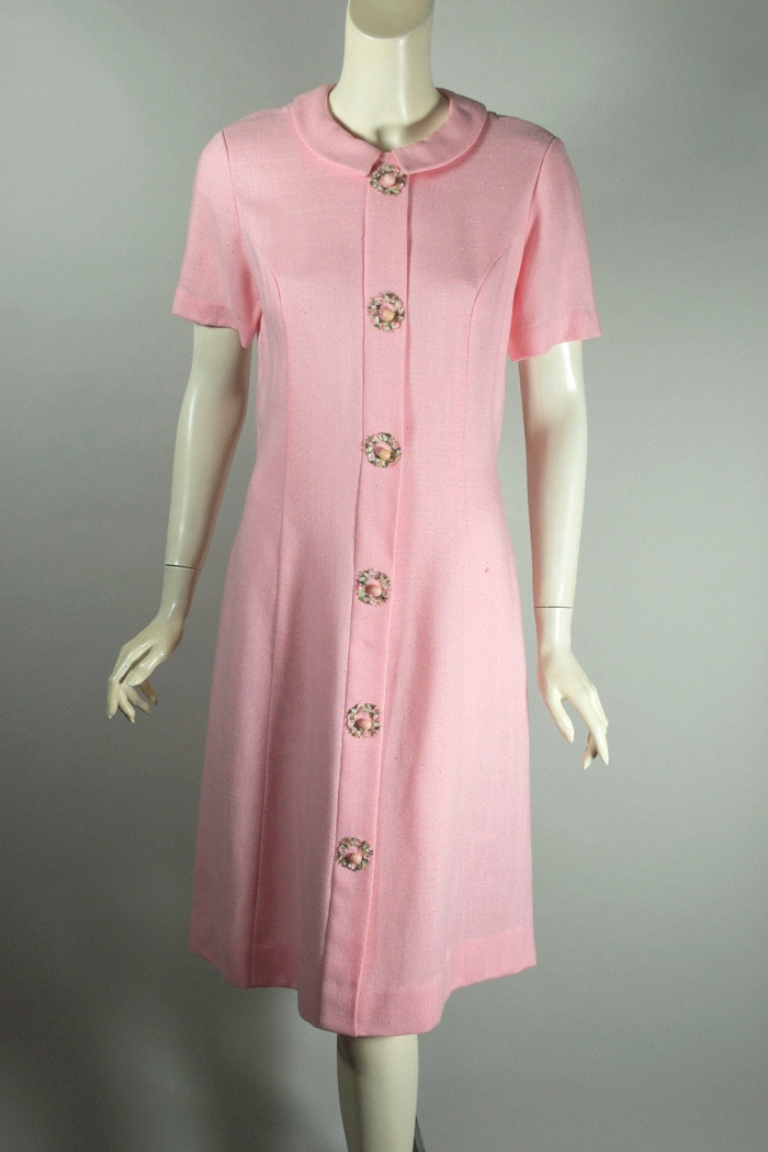 pastel pink flower wreath trim 1960s shift dress M 38 inch bust 39 hips