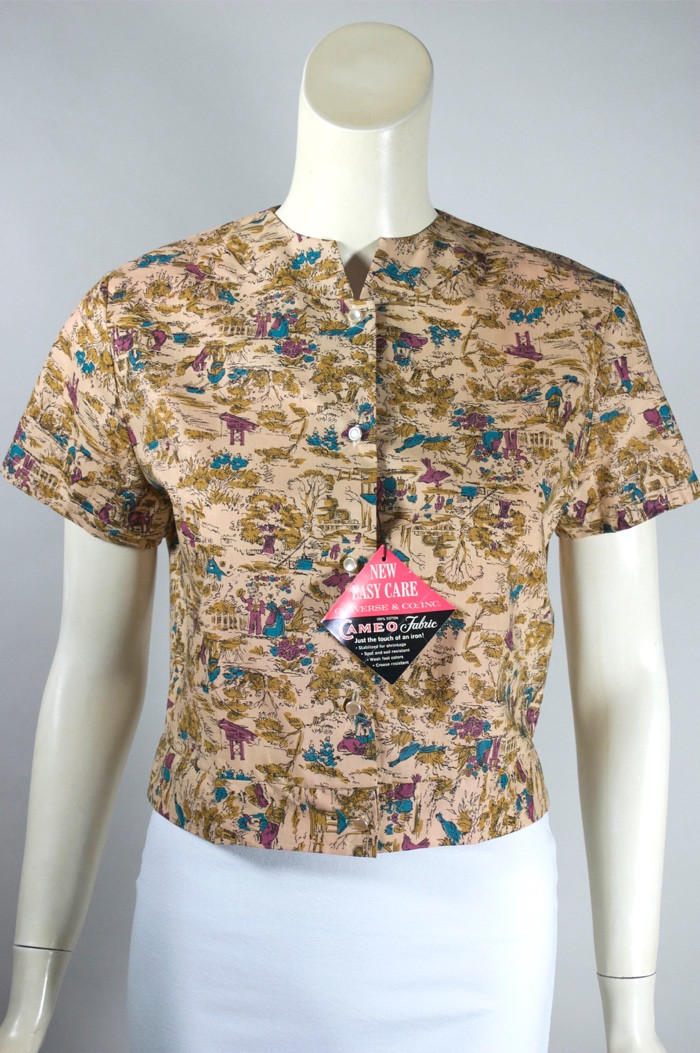 novelty print tan cotton blouse 1950s 60s deadstock riverside landscape Victorian 1800s XS-S size 32