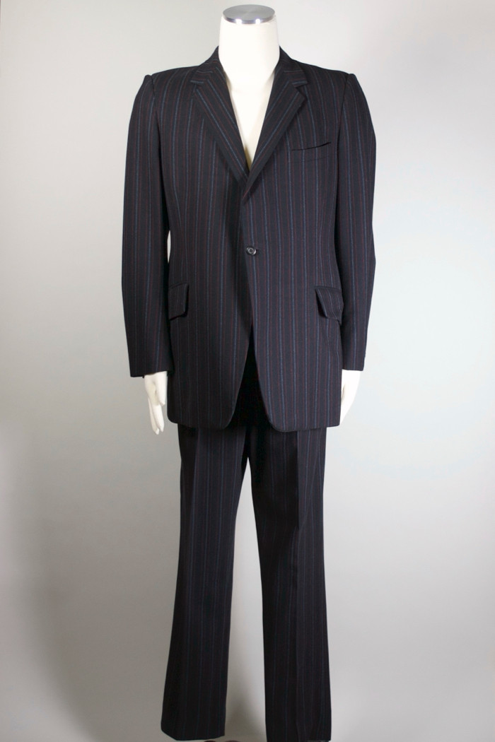 1960s mod mens single-button suit 41 jacket 36 waist black red pinstripe wool Oleg Cassini designer