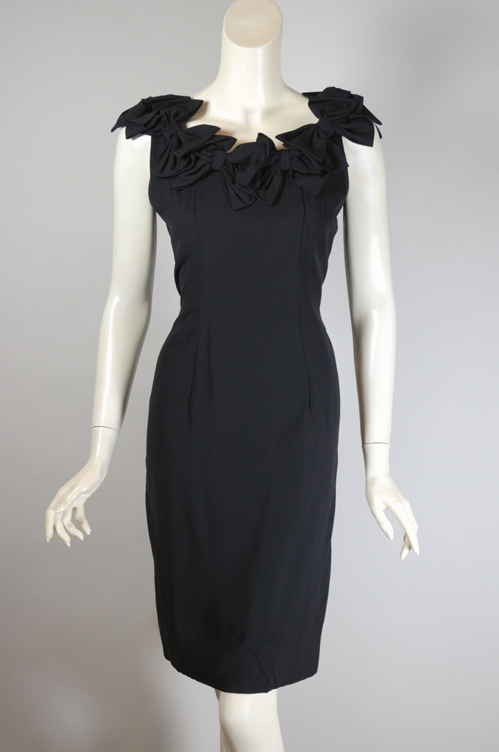 LBD early 1960s wiggle sheath dress XS bows trim black rayon 26 inch waist