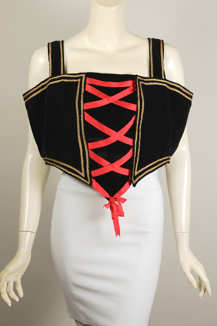 antique vintage stage costume bodice corset style black velvet red ribbons 1910s 1920s size L