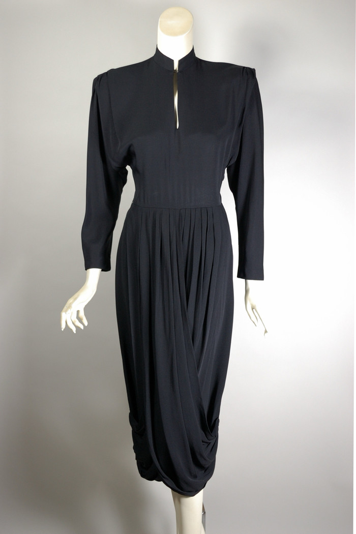 Late 1940s femme fatale cocktail dress black rayon crepe draped skirt panels XS 25 inch waist
