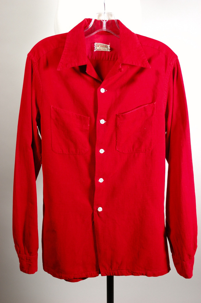 vintage 1950s mens shirt casual loop collar red corduroy cotton S M 36 37 inch chest