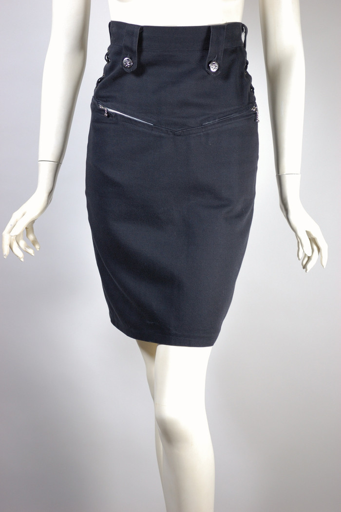 British boutique label La Rocka 80s miniskirt corset laced black denim rockabilly goth XXS