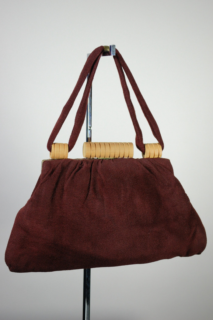 chocolate brown burgundy wool plush velvet 1940s handbag purse top handle carved blonde wood trim