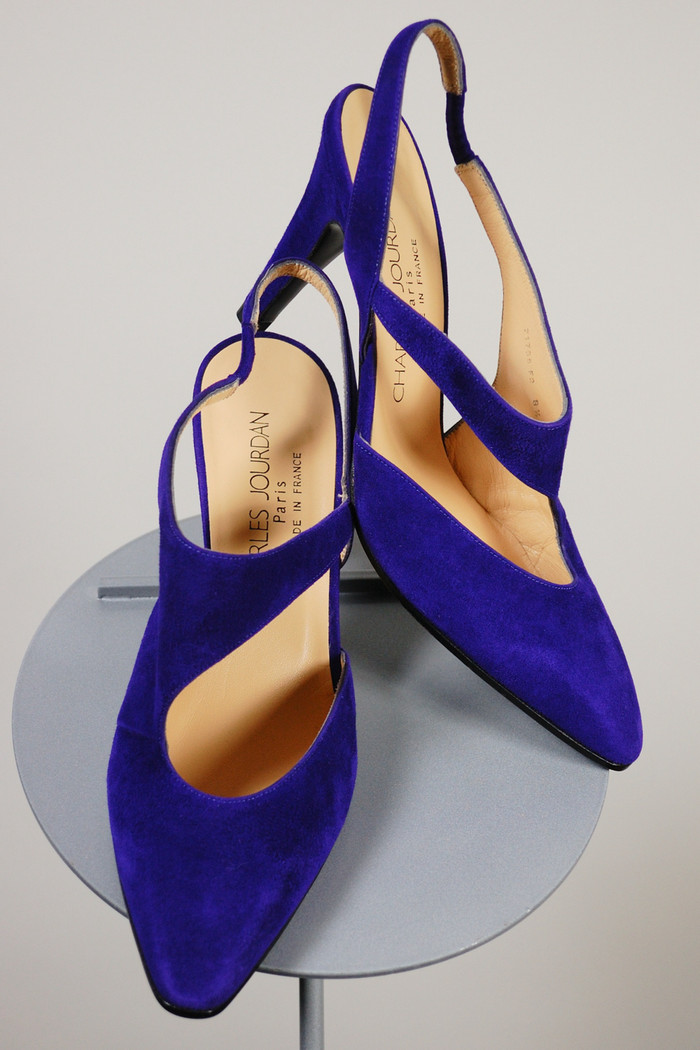 Made in France Charles Jourdan late 80s designer womens shoes purple suede slingback heels 8 8.5 narrow