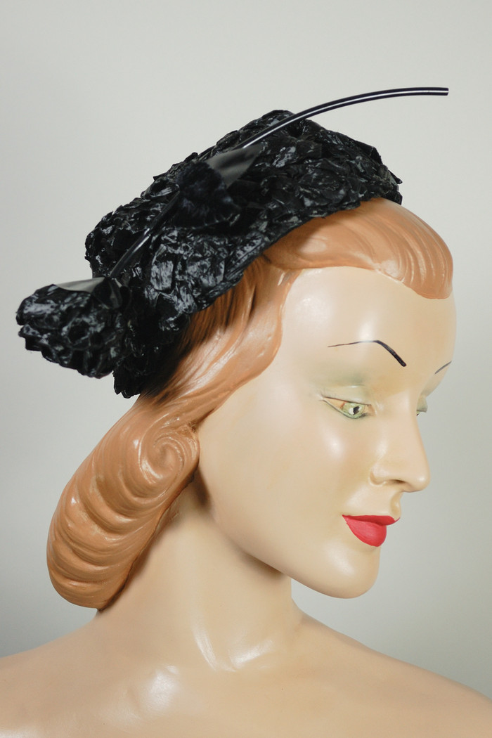 vintage pillbox hat 1960s black straw with large black patent vinyl and straw rose