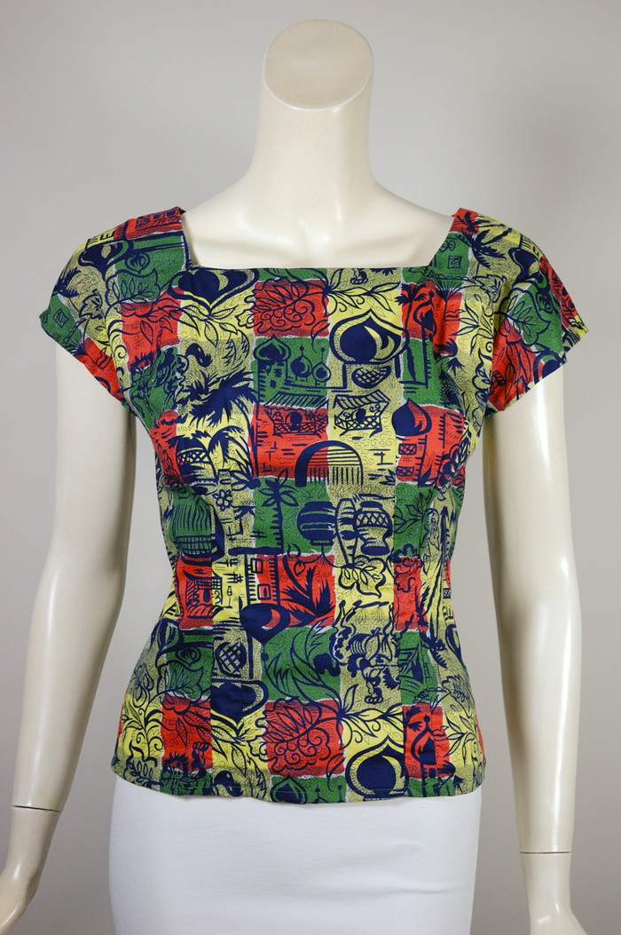 Arabian Islamic novelty print blouse 1950s cotton top cap sleeves square neckline XS S 34 bust