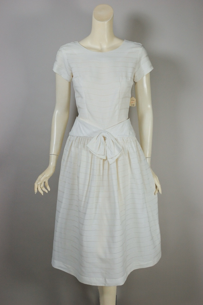 deadstock white 1950s dress full skirt cap sleeve sheer stripes size XS 34 bust 26 waist casual bridal or shower dress
