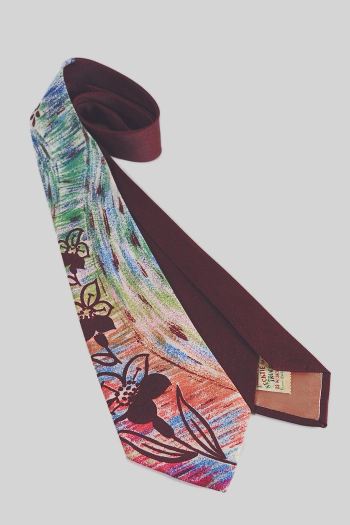 early 1950s menswear hand-painted style floral print necktie swing era bold design burgundy