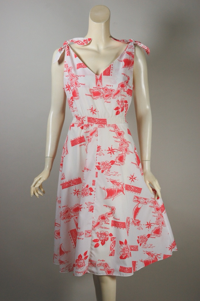 Late 1970s sundress Hawaiian Islands novelty print red white lightweight full skirt size S